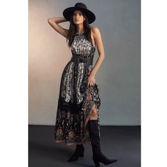 Anthropologie Bhanuni by Jyoti Tiered Maxi Dress in Black Print Size 2 - Picture 1 of 16